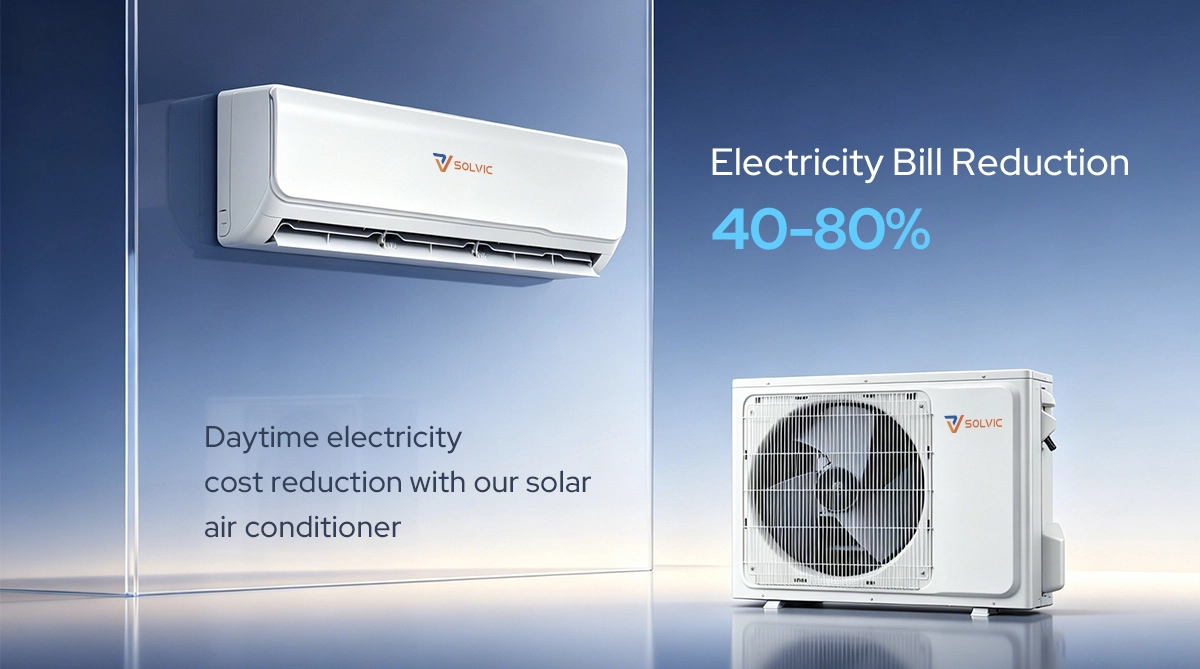 Solar air conditioner electricity bill reduction chart – 40% to 80% savings on monthly cooling costs compared to traditional AC units, SEER 35 efficiency DC inverter solar hybrid system for residential energy savings